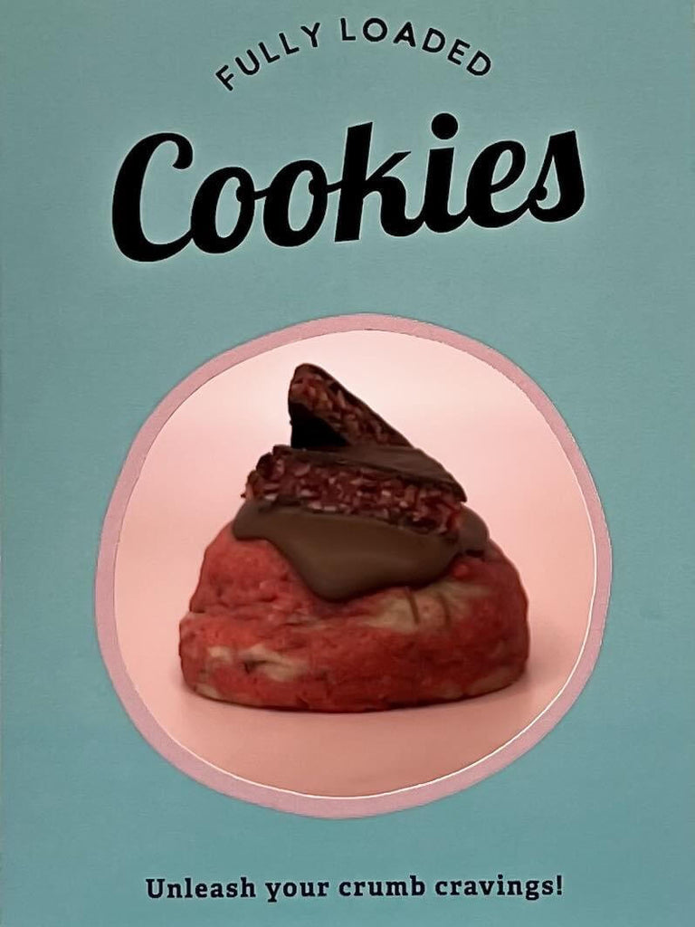 Cherry flavoured loaded cookie with choc cherry topping with packaging